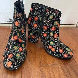 Floral Embroidered Ankle Boots - Black and Multicolor